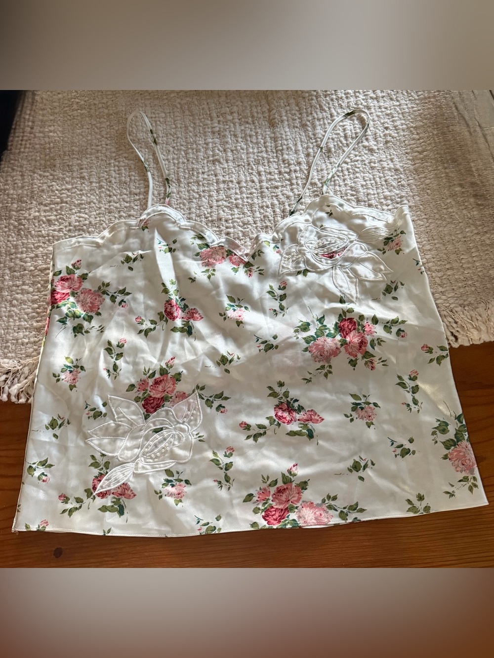 Vintage Victoria's Secret White Satin Floral Camisole with Pink Rose Print